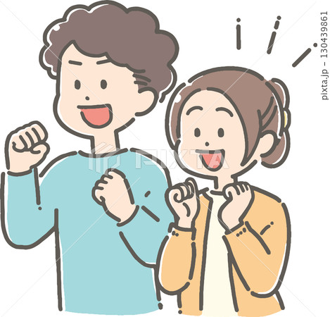 ガッツポーズの若いカップルのイラスト 130439861
