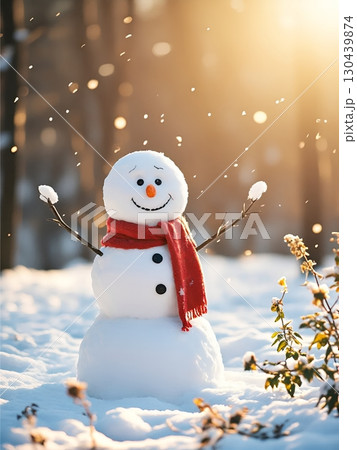 早朝の雪原に立つ雪だるま 130439874
