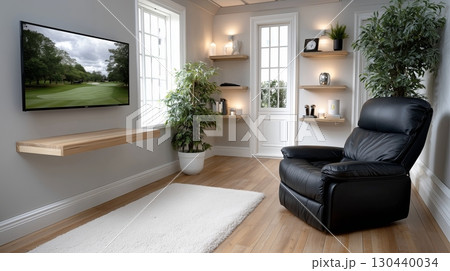 Cozy living space featuring a recliner and a tranquil virtual landscape 130440034