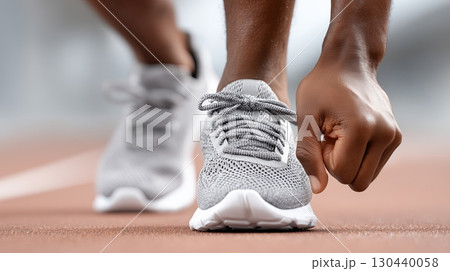 A determined athlete is getting ready to run on a smooth track 130440058