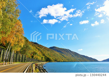 北海道 支笏湖 秋の青空と黄葉 北海道 支笏湖 秋の青空と黄葉 130440244