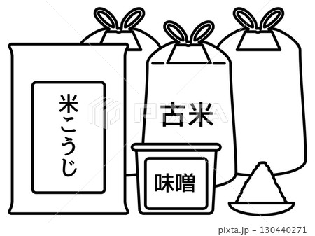 味噌と米関連食材の和風食品アイコン風イラスト 130440271