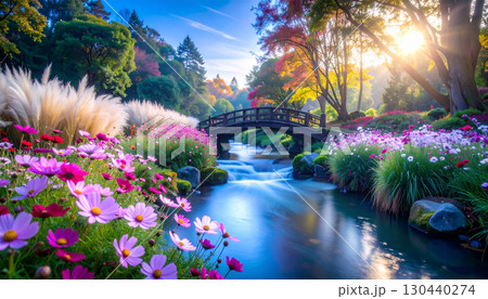 秋の光と空気間の中で澄んだ小川のほとりに咲くコスモスとススキ 130440274