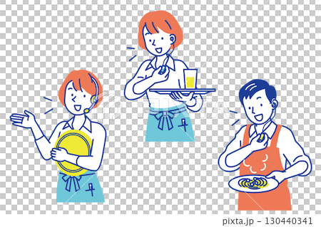 インカムを使って仕事をするエプロン姿の店員のイラストセット 130440341