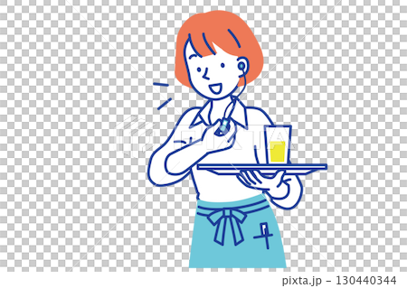 A female cafe employee talking on an intercom 130440344