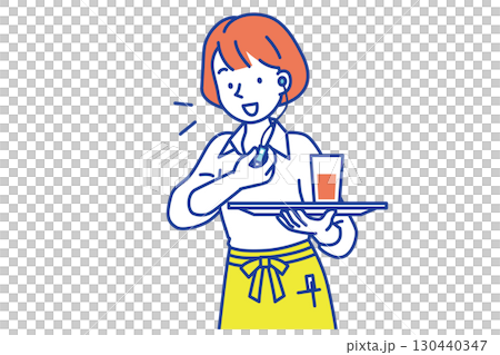 A female cafe employee talking on an intercom A female cafe employee talking on an intercom 130440347