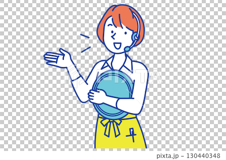 A store clerk in an apron providing instructions via intercom 130440348