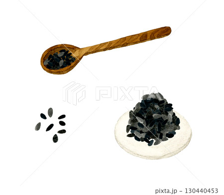 黒ゴマのセット 野菜・薬味の手描き水彩イラスト素材 黒ゴマのセット 野菜・薬味の手描き水彩イラスト素材 130440453