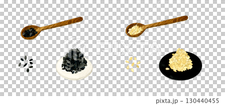Set of white and black sesame seeds. Hand-drawn watercolor illustration of vegetables and condiments. Set of white and black sesame seeds. Hand-drawn watercolor illustration of vegetables and condiments. 130440455