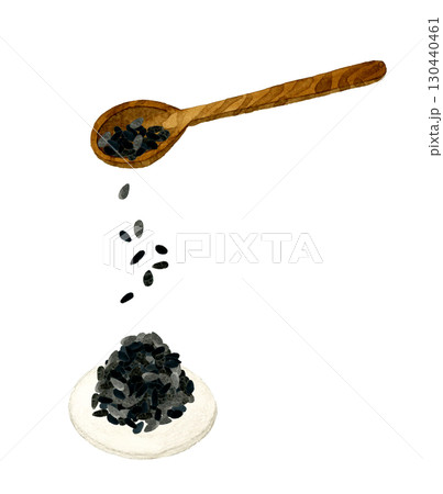 山盛りの黒ゴマ　野菜・薬味の手描き水彩イラスト素材 130440461