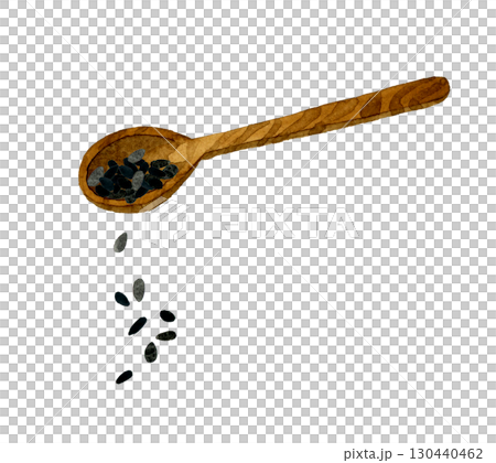 Black sesame seeds and spoon - hand-drawn watercolor illustration of vegetables and condiments Black sesame seeds and spoon - hand-drawn watercolor illustration of vegetables and condiments 130440462