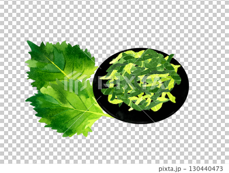 Shredded shiso leaves - hand-drawn watercolor illustration of vegetables and condiments 130440473