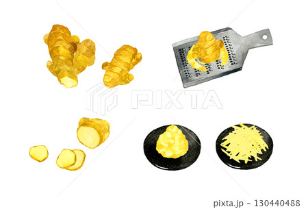 色々な調理方法の生姜セット 野菜・薬味の手描き水彩イラスト素材集 色々な調理方法の生姜セット 野菜・薬味の手描き水彩イラスト素材集 130440488