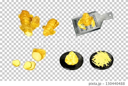 色々な調理方法の生姜セット 野菜・薬味の手描き水彩イラスト素材集 色々な調理方法の生姜セット 野菜・薬味の手描き水彩イラスト素材集 130440488