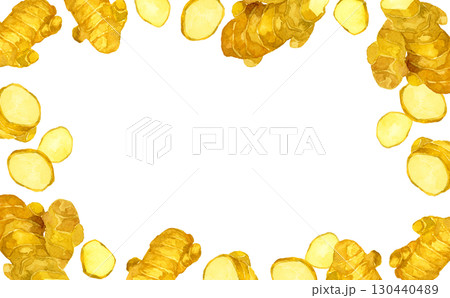 生姜のフレーム 野菜・薬味の手描き水彩イラスト背景素材 生姜のフレーム 野菜・薬味の手描き水彩イラスト背景素材 130440489