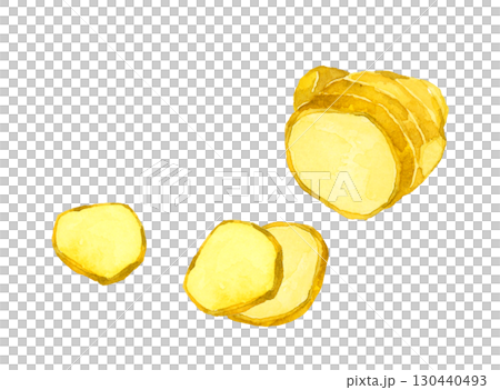 切（片）薑-蔬菜和調味品的手繪水彩插圖 130440493