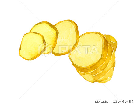 カット(スライス)した生姜 野菜・薬味の手描き水彩イラスト素材 カット(スライス)した生姜 野菜・薬味の手描き水彩イラスト素材 130440494