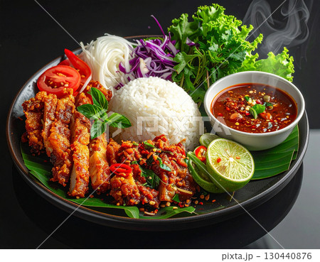 AI generated Thai local cuisine with fermented fish chili paste somtum larb and sticky rice served hot on black reflective table 130440876