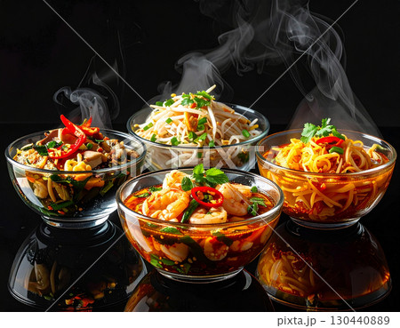 AI generated traditional Thai cuisine featuring tomyumkung nam prik kapi and hor mok served steaming in glass bowls on glossy black table under soft spotlight 130440889