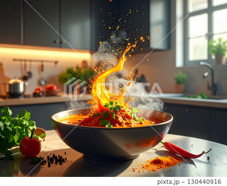 AI generated image of sour curry ingredients bursting from a bowl in a sleek modern kitchen with dim atmospheric lighting 130440916
