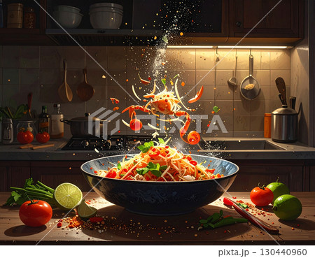 AI generated image of thai spicy papaya salad with crab ingredients exploding in a modern kitchen with low light 130440960