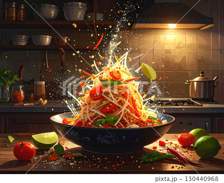 AI generated image of thai spicy papaya salad with fermented fish ingredients exploding in a modern kitchen with low light 130440968