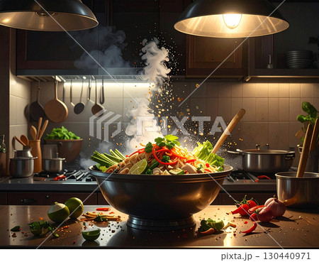 AI generated image of thai khanomjeen sawnam ingredients exploding in a modern kitchen with low light 130440971