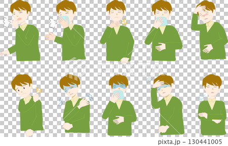 一組感冒早期症狀的插圖,一個身體不好的男人 一組感冒早期症狀的插圖,一個身體不好的男人 130441005