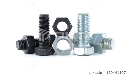 Various metal bolts and nuts on a white background, showcasing various mechanical components. 130441107