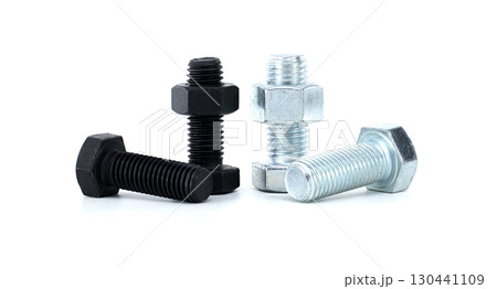 Assorted Metallic Bolts and Nuts in Black and Silver On White Assorted Metallic Bolts and Nuts in Black and Silver On White 130441109