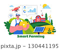 Smart Farming Technology Vector Illustration featuring a Farmer Managing His Industrial Farm Using a Tablet to Control Farming in a Flat Background 130441195