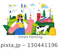 Smart Farming Technology Vector Illustration featuring a Farmer Managing His Industrial Farm Using a Tablet to Control Farming in a Flat Background 130441196