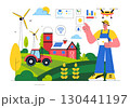 Smart Farming Technology Vector Illustration featuring a Farmer Managing His Industrial Farm Using a Tablet to Control Farming in a Flat Background 130441197