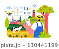 Smart Farming Technology Vector Illustration featuring a Farmer Managing His Industrial Farm Using a Tablet to Control Farming in a Flat Background 130441199