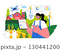 Smart Farming Technology Vector Illustration featuring a Farmer Managing His Industrial Farm Using a Tablet to Control Farming in a Flat Background 130441200