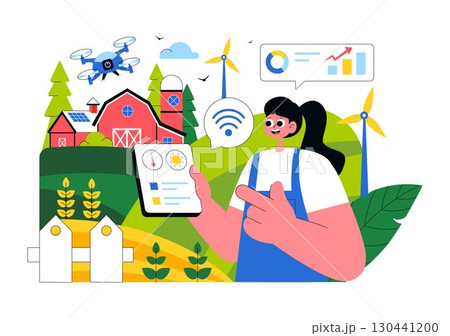 Smart Farming Technology Vector Illustration featuring a Farmer Managing His Industrial Farm Using a Tablet to Control Farming in a Flat Background 130441200