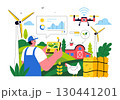 Smart Farming Technology Vector Illustration featuring a Farmer Managing His Industrial Farm Using a Tablet to Control Farming in a Flat Background 130441201