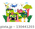 Smart Farming Technology Vector Illustration featuring a Farmer Managing His Industrial Farm Using a Tablet to Control Farming in a Flat Background 130441203