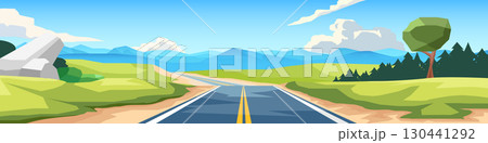 Horizontal view of straight path to the destination asphalt road with nature two side. Straight path alternating on open hills. Background of mountain and clouds under blue sky. For banner background. 130441292