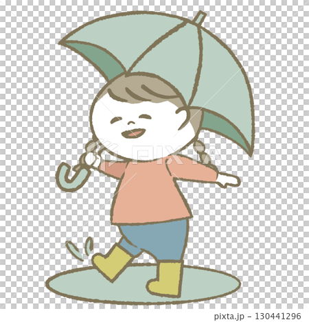 Child girl wearing rain boots holding an umbrella 130441296