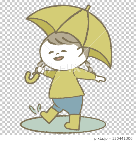 Child girl wearing rain boots holding an umbrella 130441306