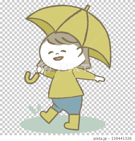 Child girl wearing rain boots holding an umbrella 130441326