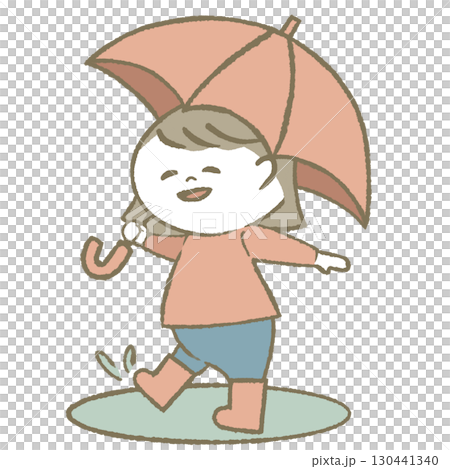 Child girl wearing rain boots holding an umbrella 130441340