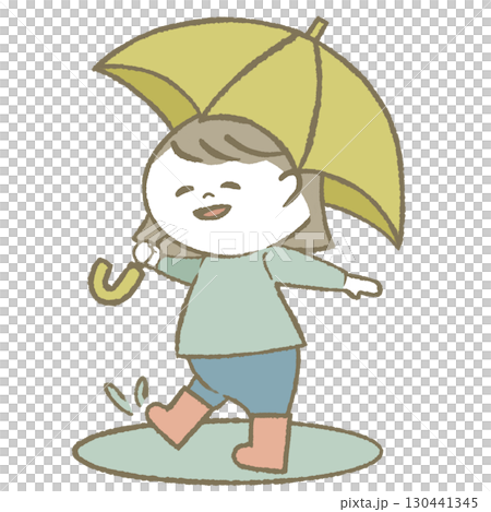Child girl wearing rain boots holding an umbrella 130441345