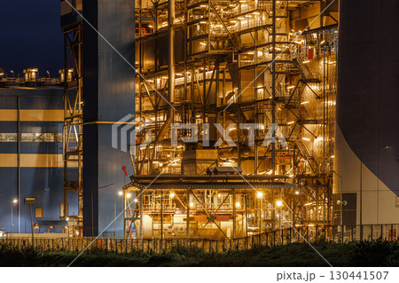 Power plant building, Heavy industry complex gas oil tower building at night time 130441507