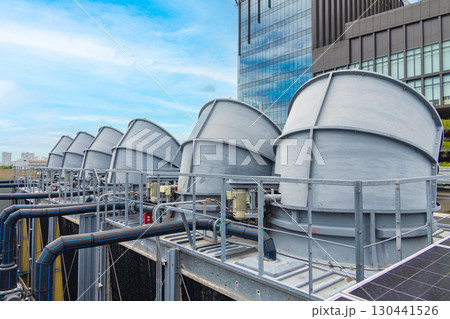 Industry HVAC system, Cooling tower, fan water Industry air conditioner system, Air vent duct hood. Industry HVAC system, Cooling tower, fan water Industry air conditioner system, Air vent duct hood. 130441526