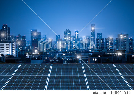 Solar panel clean energy system in night city modern electricity urban power development Solar panel clean energy system in night city modern electricity urban power development 130441530