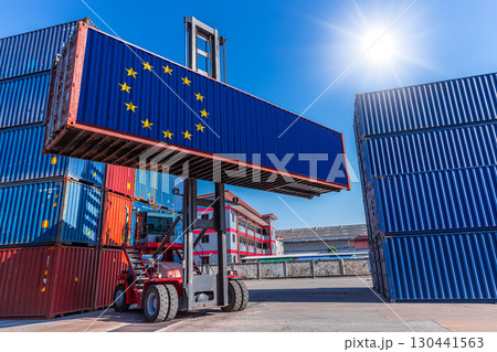 Products shipping cargo goods with EU flag for import export business from European Union country 130441563