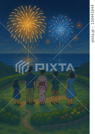 打ち上げ花火を見つめる人たち　俯瞰　後ろ姿　Generative AI 130441644