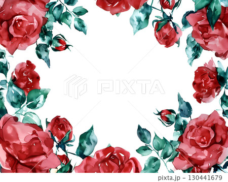 Beautiful watercolor illustration of a Valentine's Day card featuring red roses and green leaves 130441679